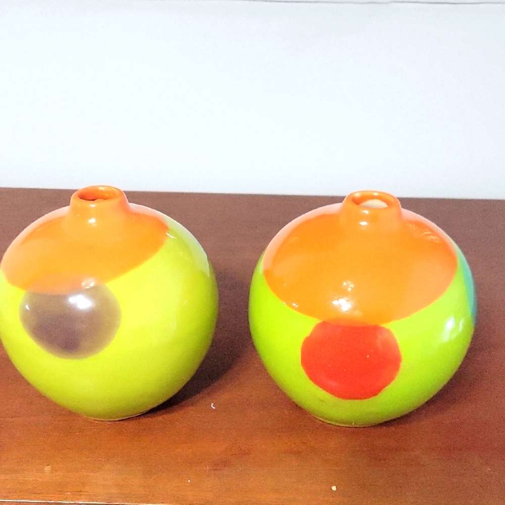 Crate&Barrel Vibrant Orange and Green Zoey Roly Poly Vases (2)